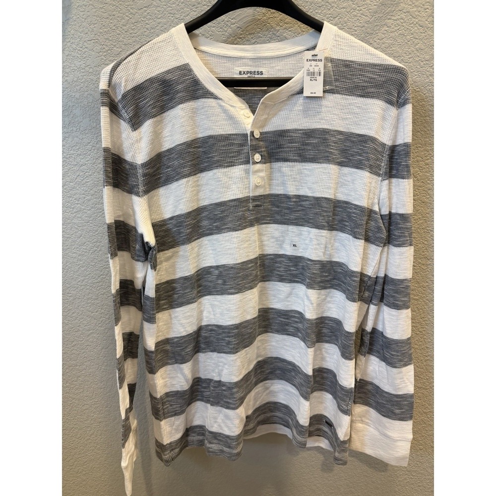 Express‎ Waffle Knit Striped Henley Sweater Gray White XL Long Sleeve